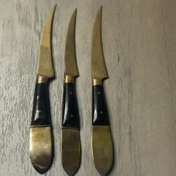 Vintage Siam Thailand Buddha Brass & Teak Wood 1950s MCM Mini Flatware Knife Set - Picture 3 of 3